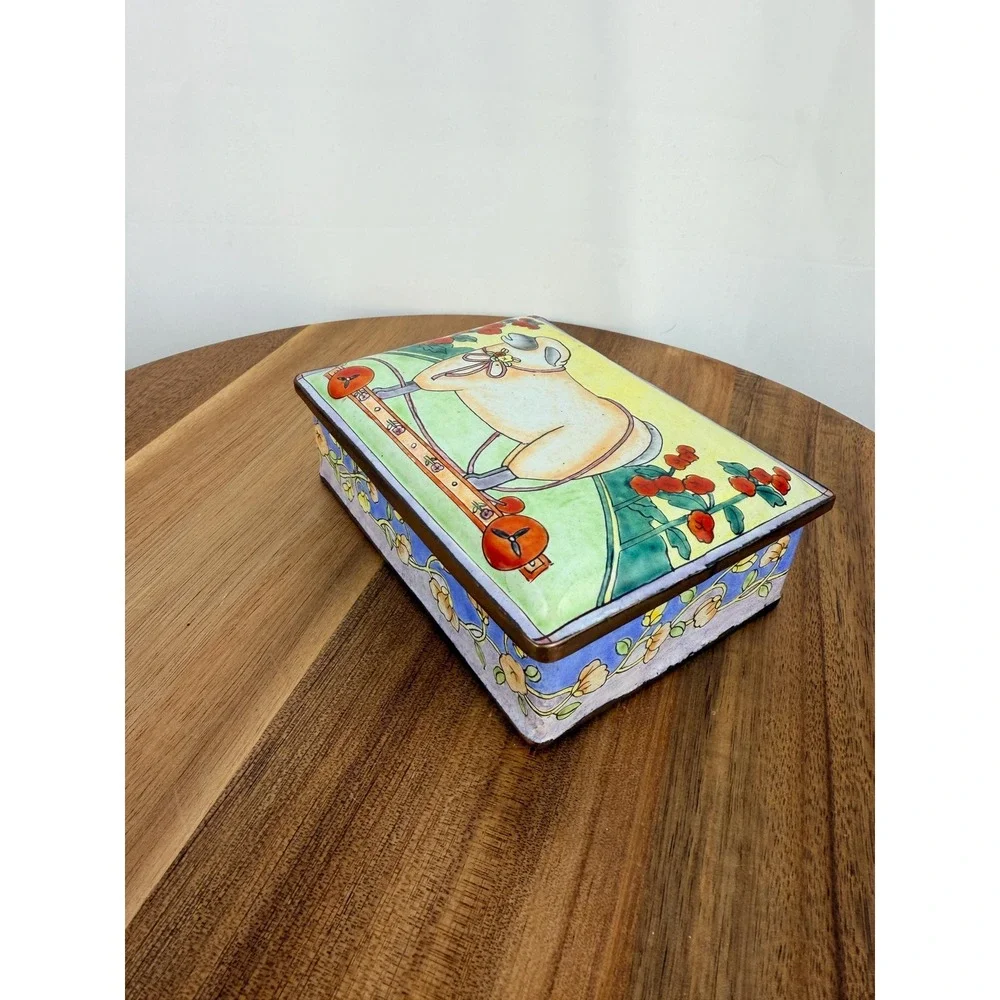 Vintage Sheep Pull Toy Folk Art Trinket Box -Whimsical Enamelware Jewelry Box